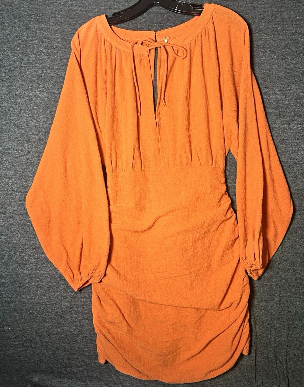 Free People Orange Solid Round Neck Ruched Balloon Sleeve Mini Dress Size S